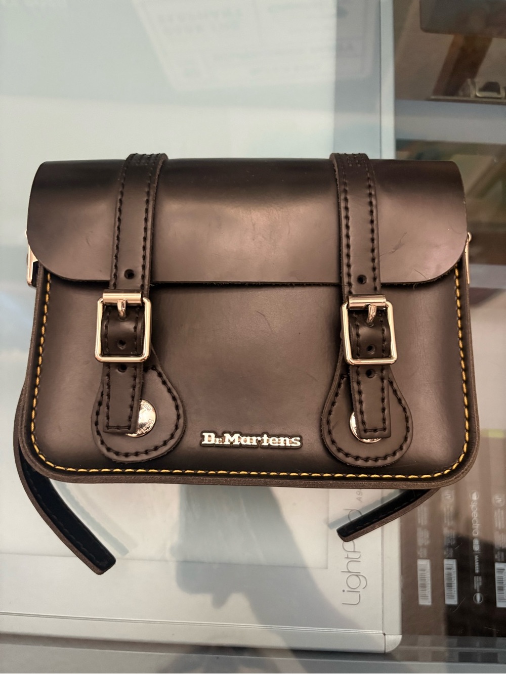 Dr. Martens Black Leather Crossbody Satchel with Yellow Stitching